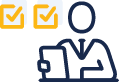 icon of a person with a clipboard with gold checkmarks above them.