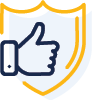 icon of a shield with a thumbs up in the center.